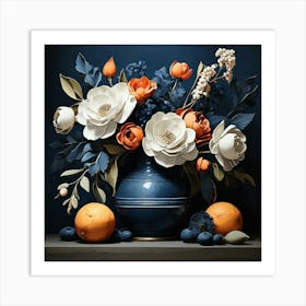 Floral Contemporary Still Life Dark Blue Art Print 3 Art Print