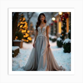 Woman In A Gray Dress In The Snow Art Print