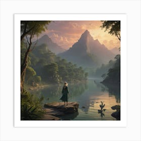 Woman Standing By A Lake Art Print