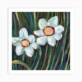 Two Daffodils - Anton Maliar painting square floral flowers white green living room bedroom Art Print