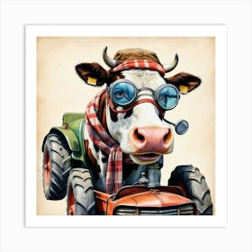 Cow On A Tractor Art Print