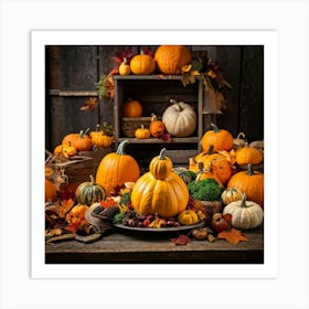 An Autumnal Photography Arrangement Depicting A Vibrant Orange Gourd Amidst A Thanksgiving Meal Sett (6) Art Print