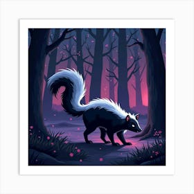 A Skunk With A Glowing Vapor Trail, Prowling Through A Neon Lit Forest At Night Art Print