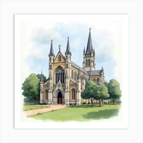 Watercolor Of The Liverpool Cathedral, Highlighting Its Gothic Architecture And Panoramic Views Art Print