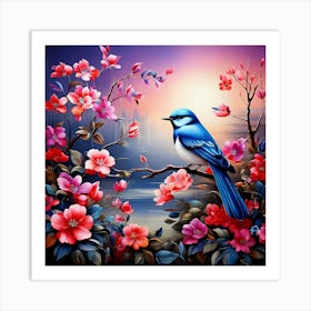 Bird In Bloom, A Bright-Toned Design With Flowers And Leaves Trees And Birds A Beautiful And Simple Picture Wall art Art Print