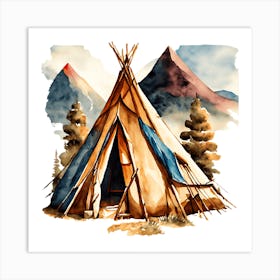 Watercolor Painting Of Indian Style Tent In Mountain Landscape Art Print