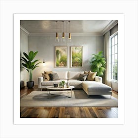 Modern Living Room With Sectional Sofa And Tropical Plants Art Print