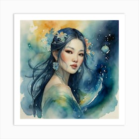 Asian Watercolor Painting The Magic of Watercolor: A Deep Dive into Undine, the Stunningly Beautiful Asian Goddess Art Print