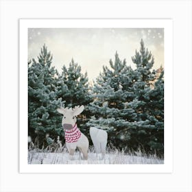 Firefly Scandinavian, Art, Illustration, Serene, Winter, Forest, Baby, Moose, Snowy, Clearing, Antle (3) Art Print