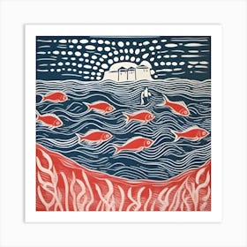 Linocut 'Fish In The Sea' 1 Art Print