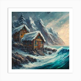 Acrylic and impasto pattern, mountain village, sea waves, log cabin, high definition, detailed geometric 8 Art Print