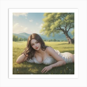 Girl Laying On The Grass Near A Tree Art Print