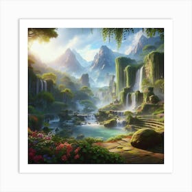 Waterfalls In The Forest paintings art print Art Print