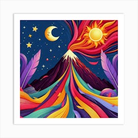 A Mountain With Colorful Streaks Of Ribbon With Purple Feathers Sun And Moon And Star In A Volcano Of Red Flames Art Print