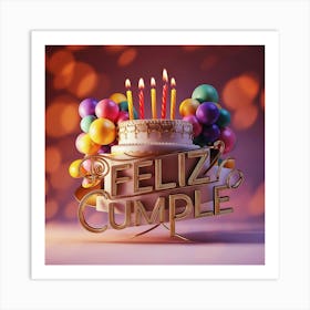 Feliz cumple and Feliz cumpleaños sign means Happy Birthday in Spanish language, Birthday party celebration gift with birthday cake candle colorful balloons best congratulation over light background wall artFeliz Cumplie 1 Art Print