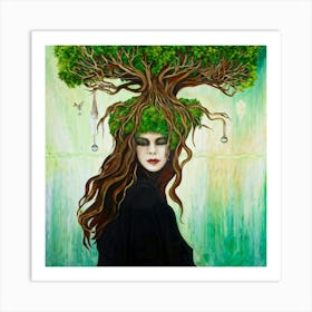 Surreal Painting Of A Woman With A Face Merging With The Gnarled Branches Of A Grand Earthy Tree H Art Print