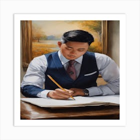 Asian Man Writing Art Print