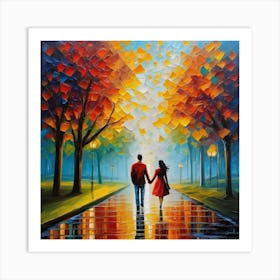 oil paint of Couple Walking In The Rain Art Print