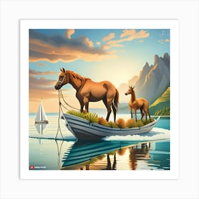 Horses In A Boat Art Print