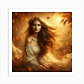 Beautiful Girl In Autumn Leaves Art Print