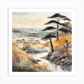 Japanese Landscape Painting Sumi E Drawing (11) Art Print