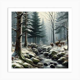 Deer In The Woods With Mossy Stones, Acrylic Painting Style Art Print