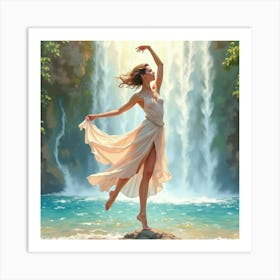 Elegant Dancer With Watercolor Cascading Waterfalls 1 Art Print