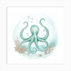 Storybook Style Octopus With Seaweed 2 Art Print