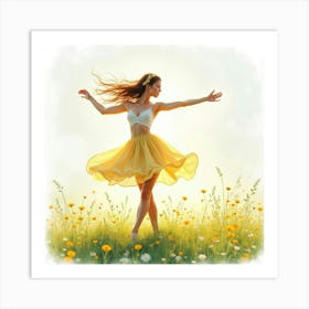 Beautiful Dancer In Watercolor Summer Meadow 1 Art Print