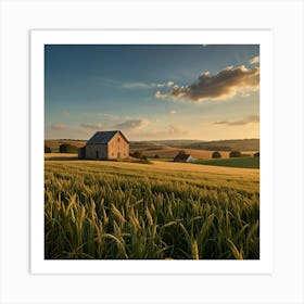 A Rolling Countryside With Golden Wheat Fields And A Quaint Farmhouse In The Distance Art Print