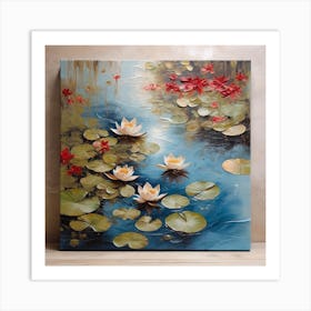 Surface of water with water lilies and maple leaves 3 Art Print