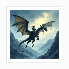 Dragon Rider Flying Through A Stormy Sky Over Mountains, Watercolor Art 1 Art Print