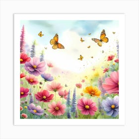 Colorful Flowers With Butterflies Art Print