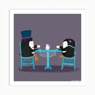 Couple Of Penguins Drinking Tea Art Print