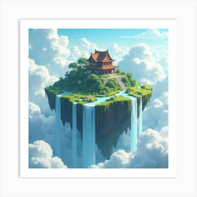 Floating Island With A Serene Temple And Cascading Waterfalls Into The Clouds 1 Art Print