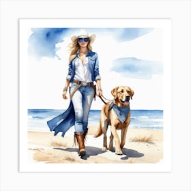 Coastal Cowgirl on Beach with Dog 1 Art Print