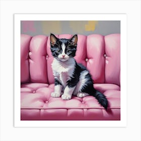Tuxedo Kitten Sitting On Pink Sofa Art Print