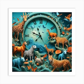 Clock With Animals Art Print