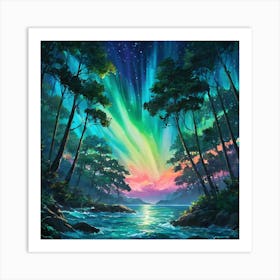 Enchanted Forest Under the Northern Lights at Twilight Art Print