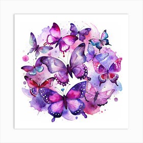 Watercolor Painting Of Purple Butterflies On A Watercolor Background Art Print