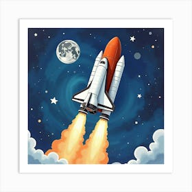 Shuttle In Watercolor Against A Swirling Galaxy Background 1 Art Print