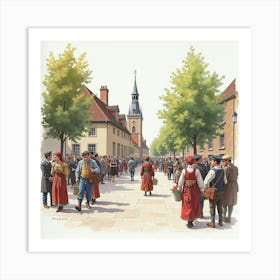 Watercolor Portrayal Of Romanian Community Activities In England 1 Art Print