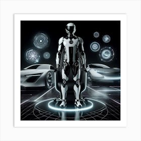 Futuristic Man Standing In Front Of Futuristic Cars Art Print