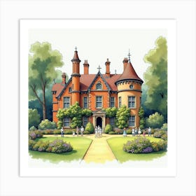 Watercolor Depiction Of A Historic English Mansion With A Garden Party 1 Art Print