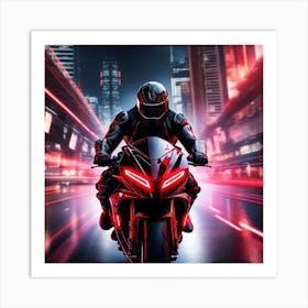 The Image Depicts A Futuristic Scene With A Black And Red Motorcycle Ridden By A Cyborg 3 Art Print