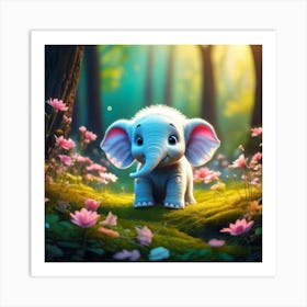 Firefly 3d, Animated, Cute, Little, Round, Turquoise, Elephant, Baby, Forest, Pink Flowers, Whimsica (3) 1 Art Print