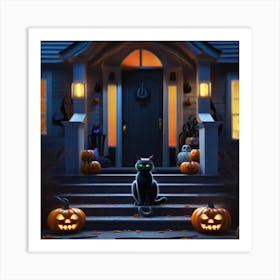 Halloween Cat In Front Of House 2 Art Print