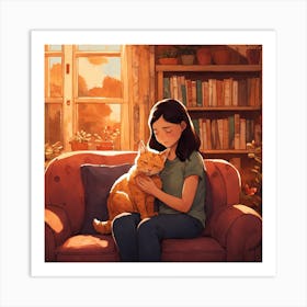 Girl And Her Cat Art Print