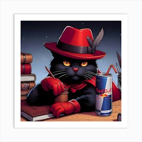 A Black Cat With A Red Hat Drinking A Red Bull Energy Drink 8 Affiche