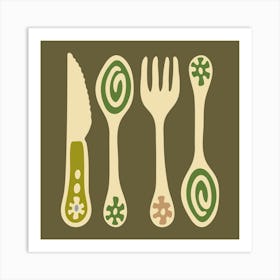 CUTLERY Pop Art Utensils Knife Spoon Fork in Vintage Retro Olive Beige Green on Moss Green Kitchen Art Print